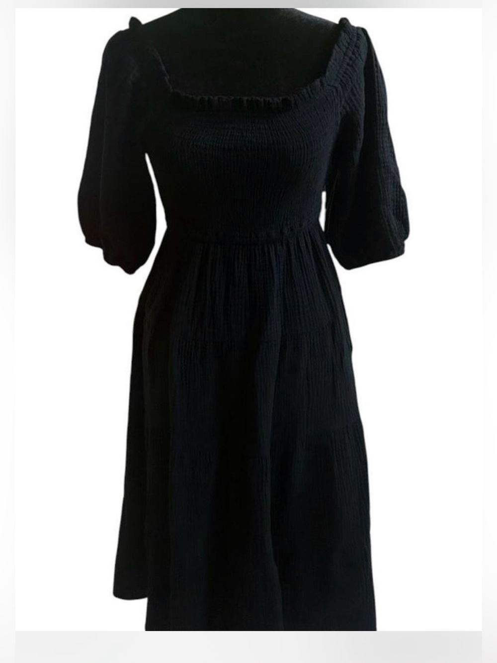 R. Vivim Black Solid A-Line Smocked Square Neck Puff Sleeve Midi Dress S